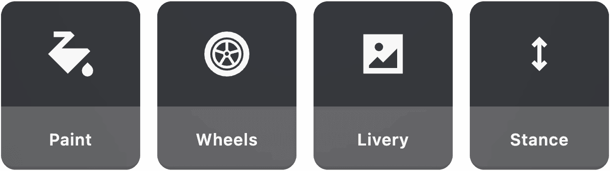 Paint, Wheels, Livery and Stance tabs
